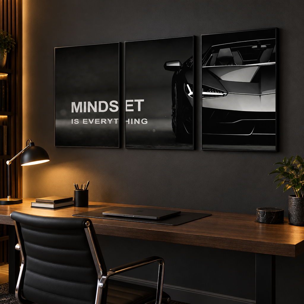 Angled home-office view of the three-piece wall art
