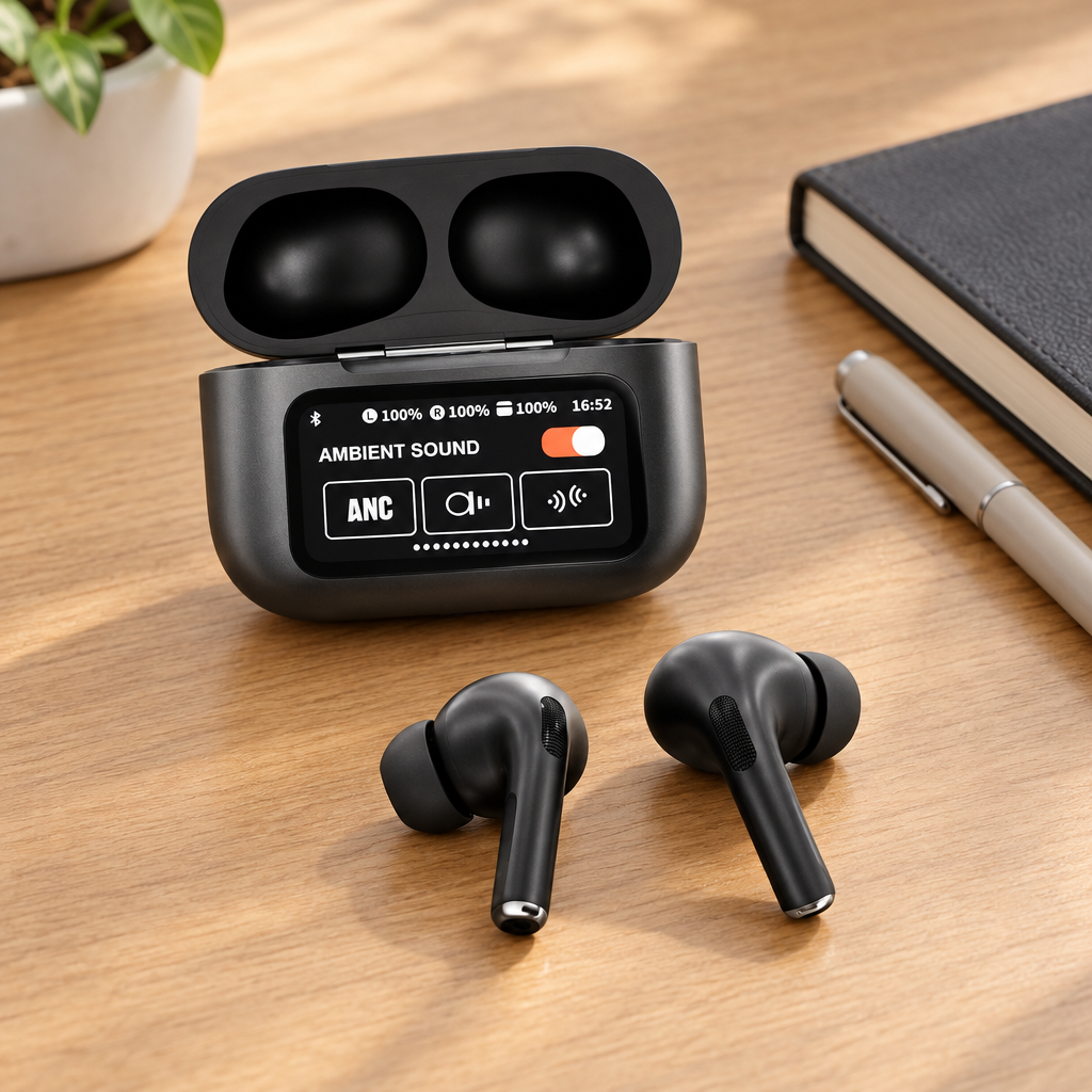 Desk par earbuds aur case