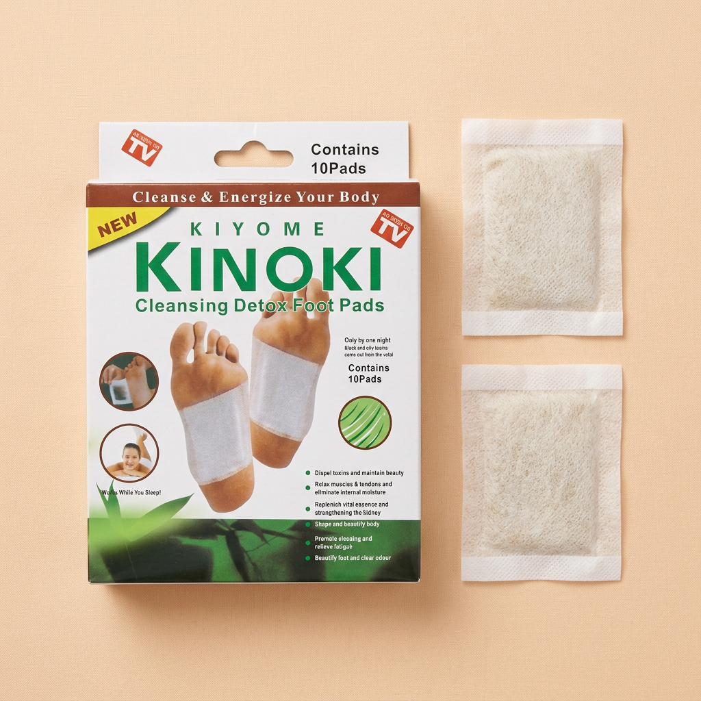 Kinoki pack aur pads ka flat lay