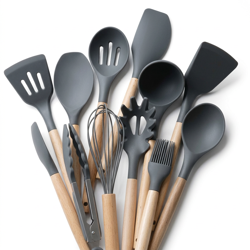 Safed background par kitchen utensils set