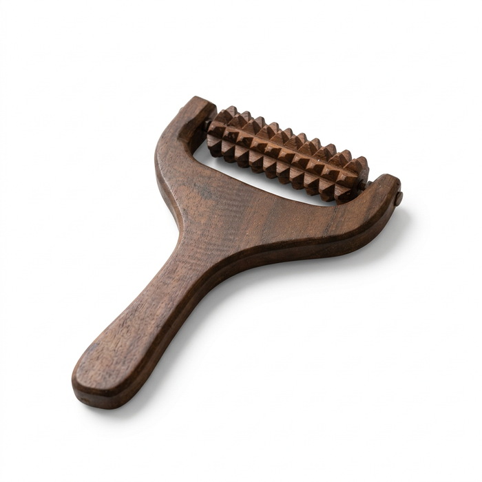 Safed background par lakri ka massage roller