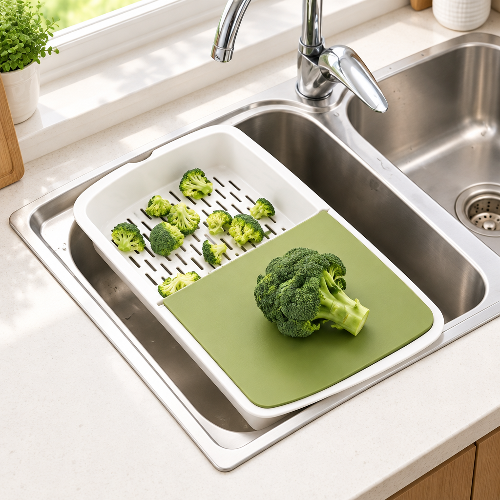 Sink ke upar cutting board aur sabzi ki basket