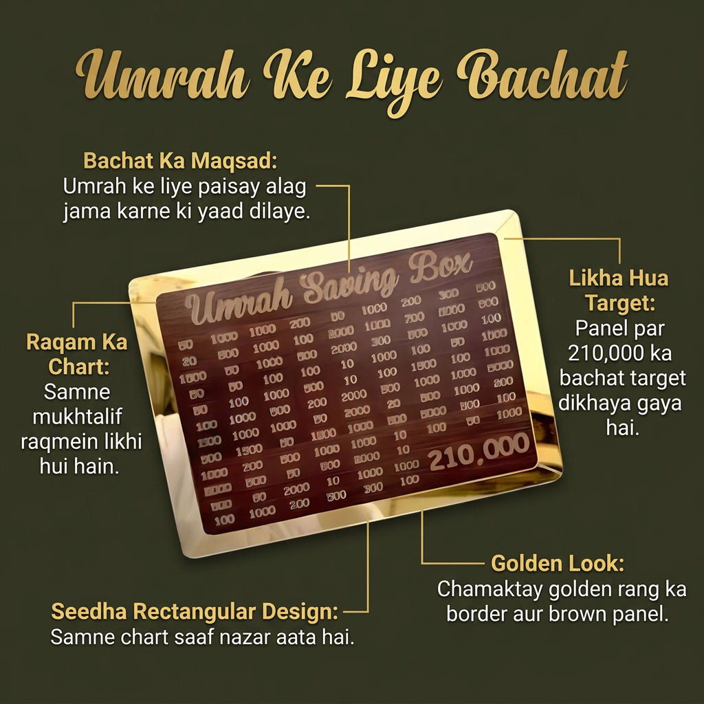 Umrah Saving Box features in Roman Urdu