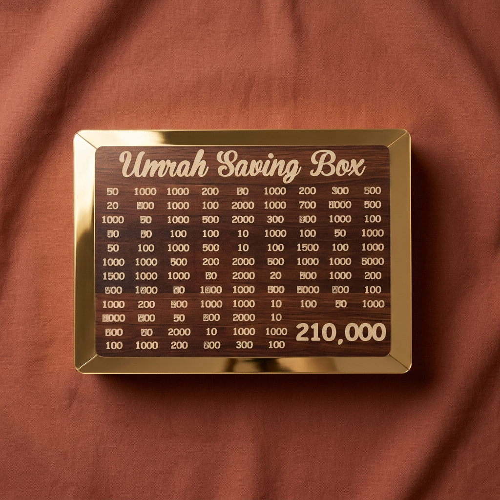 Umrah Saving Box flat lay