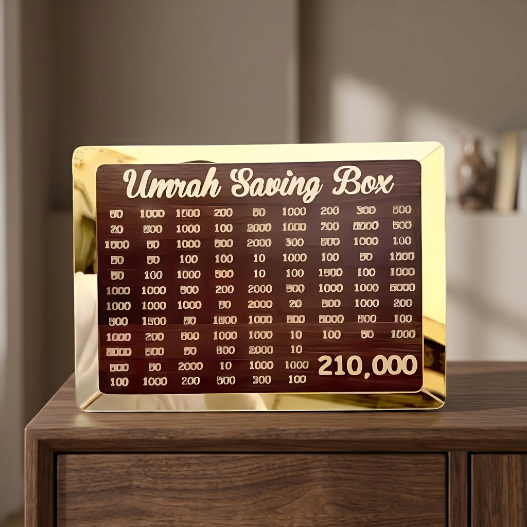 Umrah Saving Box on wooden table