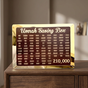 Umrah Saving Box on wooden table