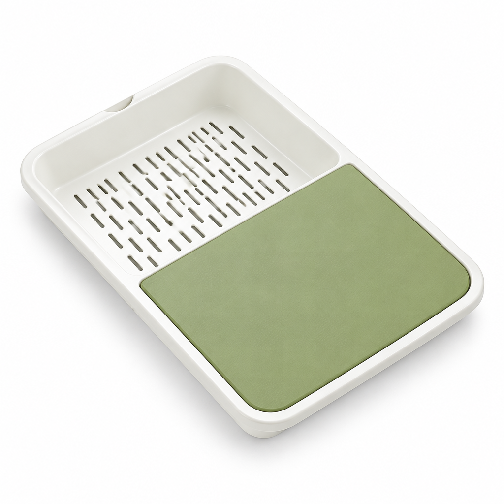 White background par cutting board aur basket